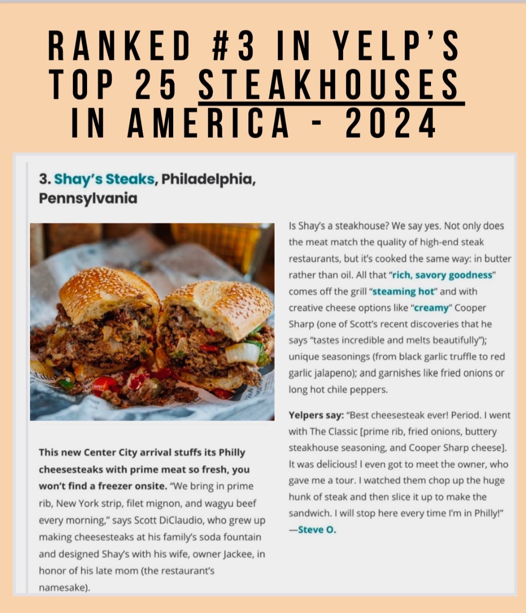 Ranked #3 in Yelp's Top 25 Steakhouses in America 2024